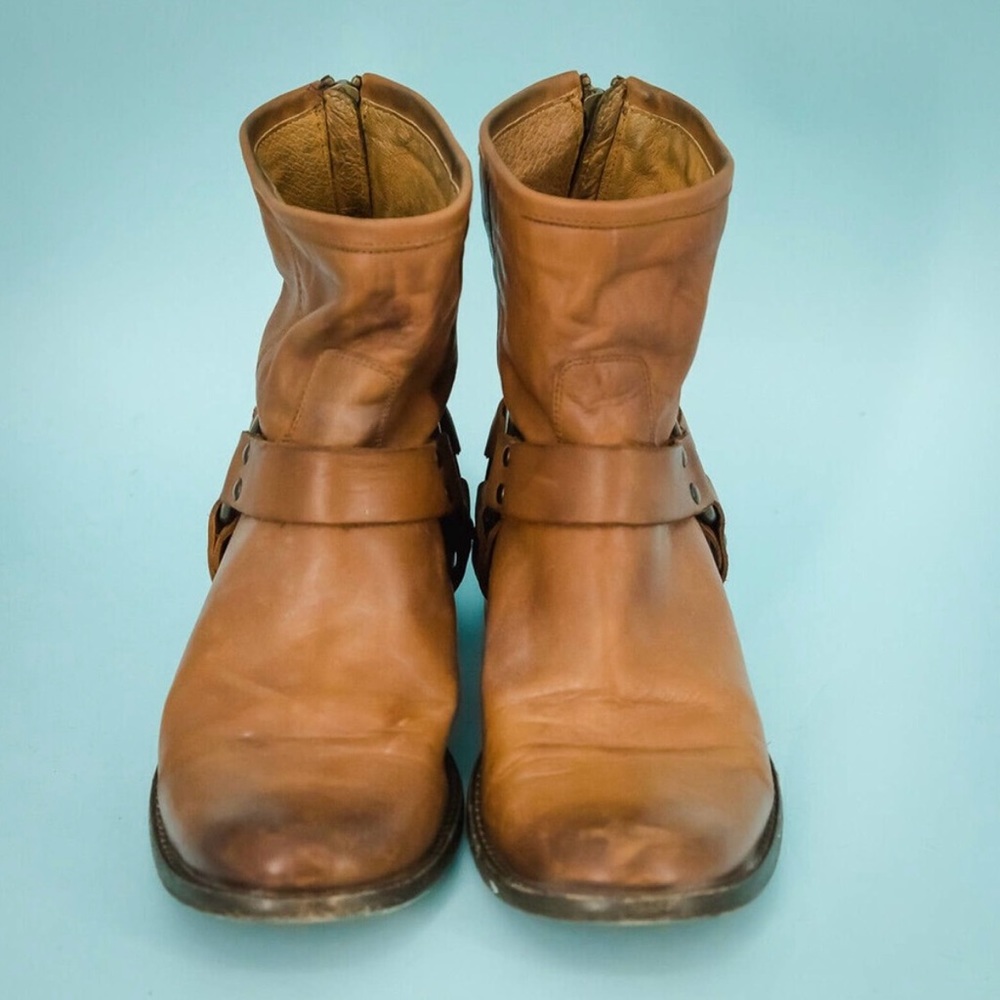 Frye Size 7.5 Brown Phillip Harness Short Back Zip Leather Ankle Zip Boots